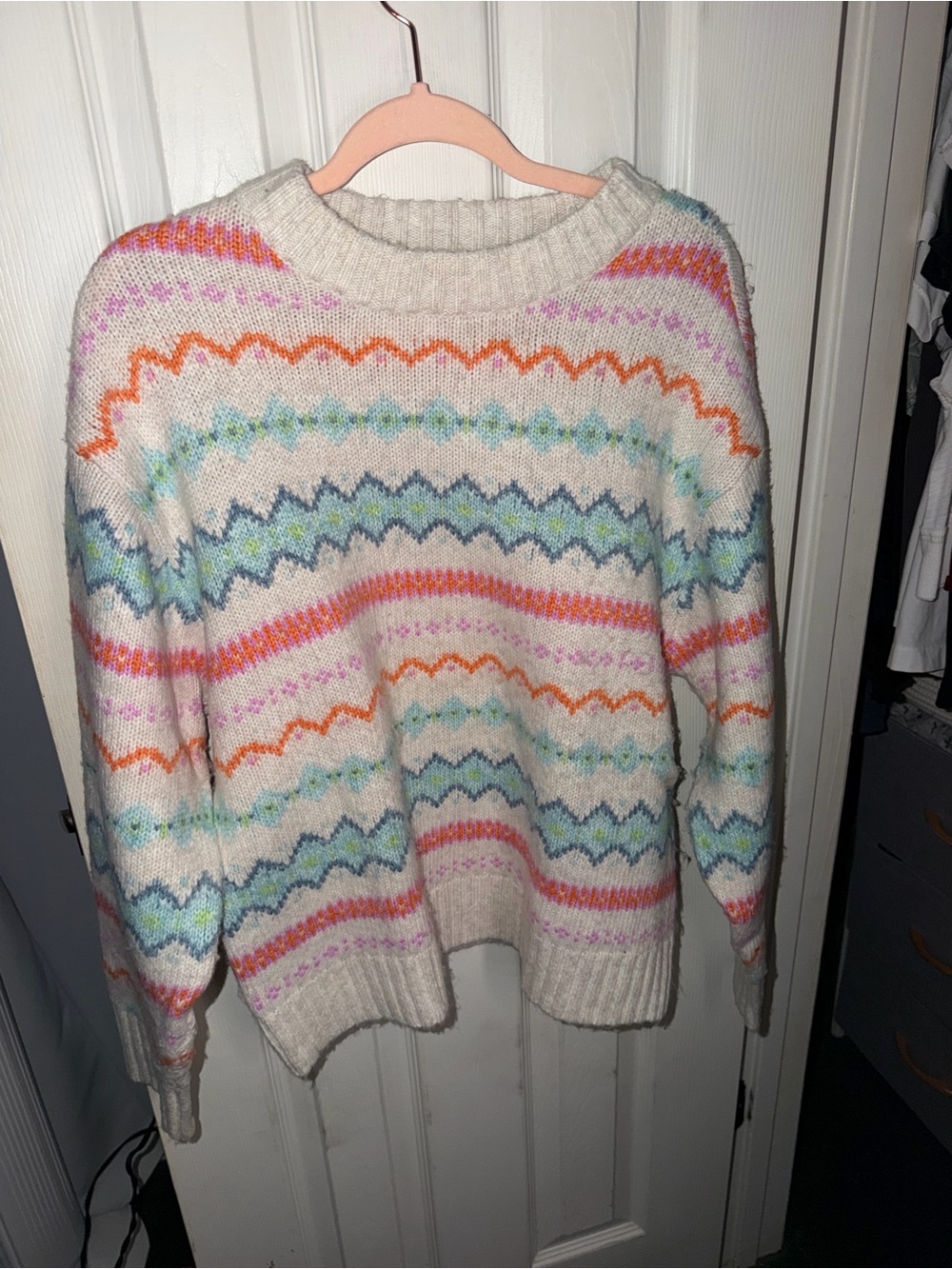 American Eagle Outfitters Cream Fair Isle Crewneck Sweater with Pastel Stripes